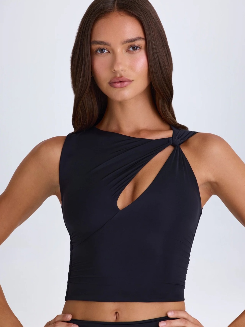 Oh Polly Black Asymmetrical Twist Cutout Crop Top Dress